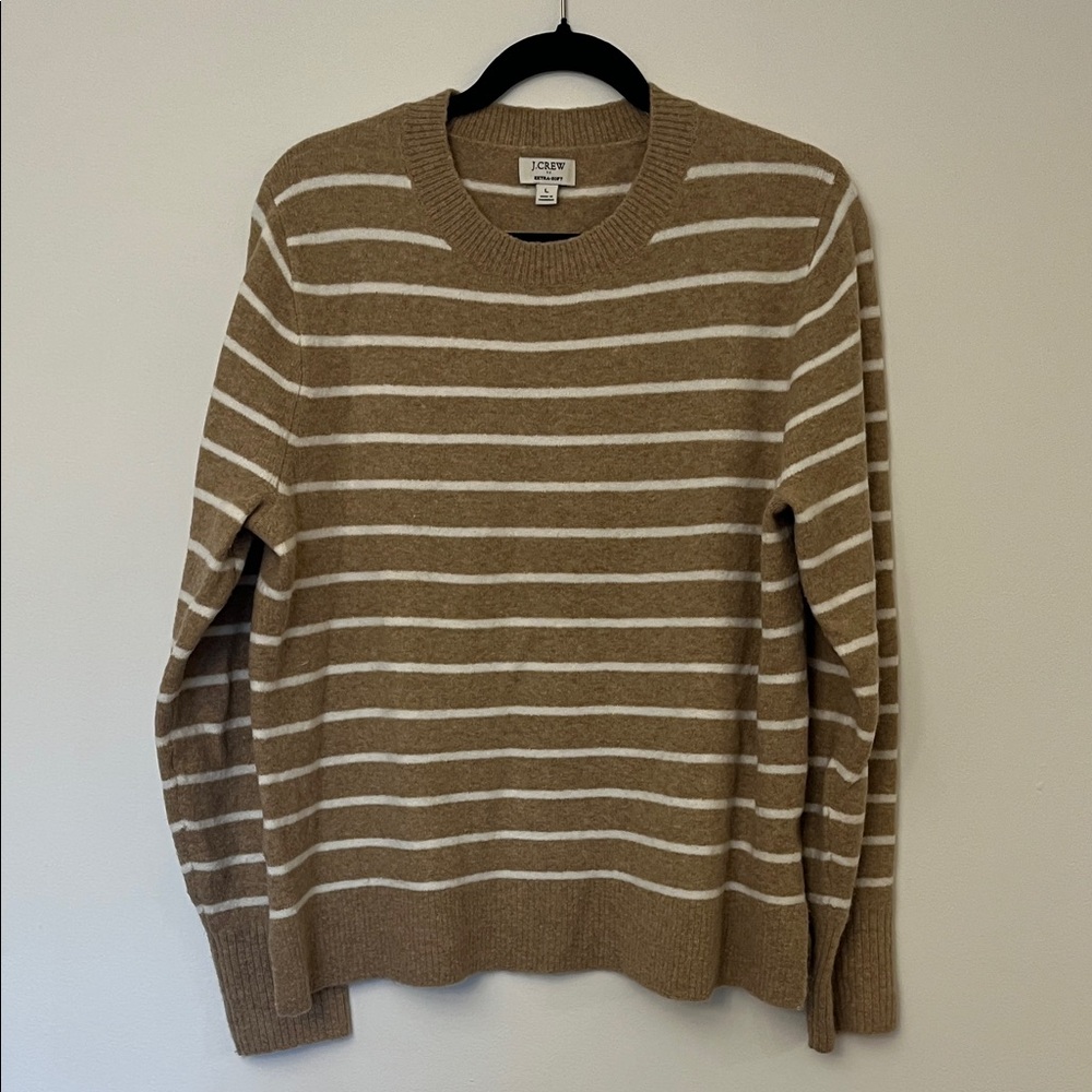 J. Crew Extra Soft Tan and Cream Striped Crewneck Sweater